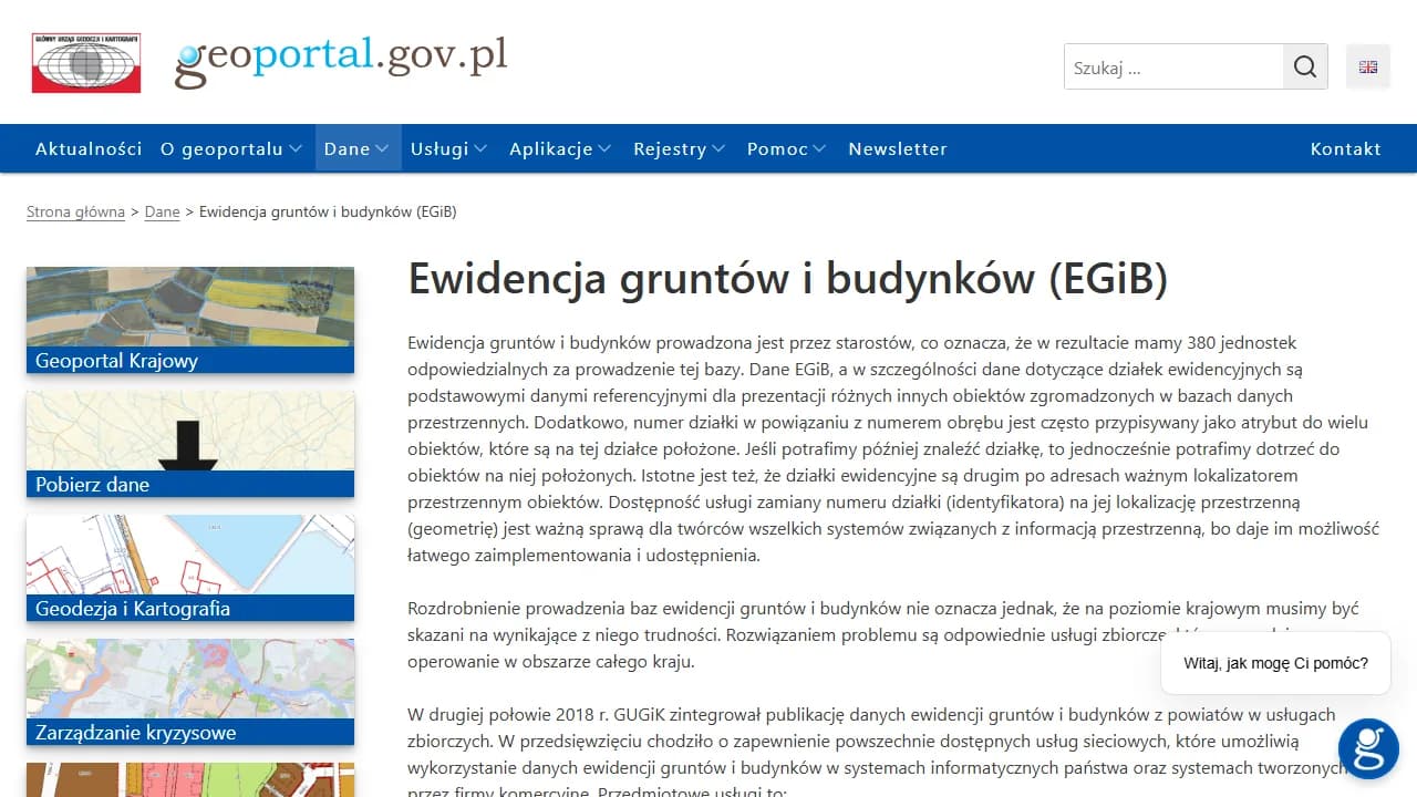 Formularz elektronicznego wniosku o wypis z ewidencji gruntów i budynków (EGiB) na portalu e-uslugi.geoportal.gov.pl – pola identyfikatora działki, celu wniosku i wyboru zakresu danych